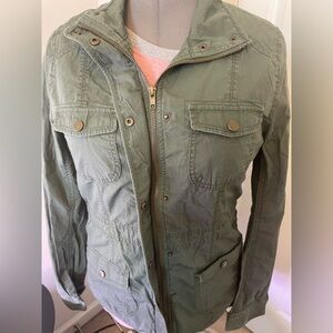 St Johns Bay Button and zipper Front Utility Blazer Jacket Womens M Olive Green